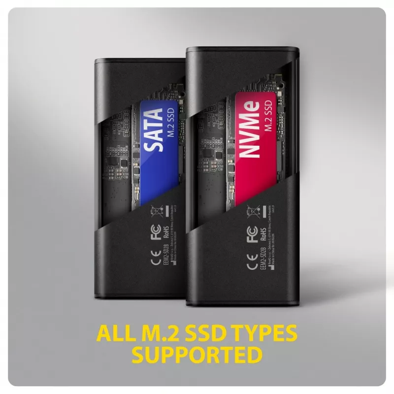 AXAGON EEM2-SD2B Case esterno 10Gbps M.2 NVMe/SATA SSD con indicatore LED, USB-C, nero