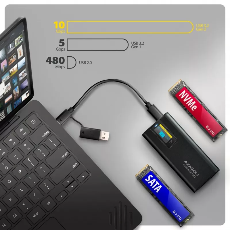 AXAGON EEM2-SD2B Case esterno 10Gbps M.2 NVMe/SATA SSD con indicatore LED, USB-C, nero