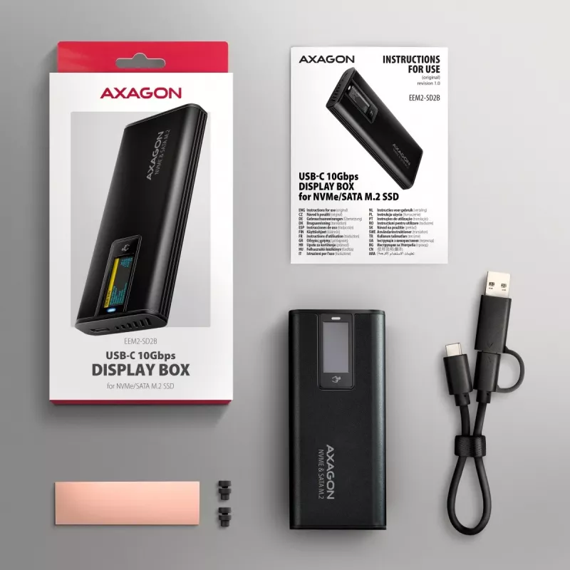 AXAGON EEM2-SD2B Case esterno 10Gbps M.2 NVMe/SATA SSD con indicatore LED, USB-C, nero