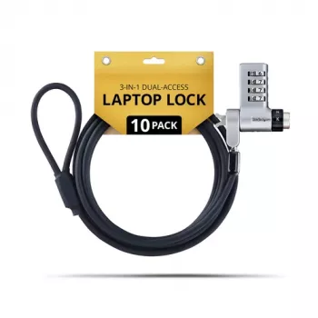StarTech.com UDUOKA10-LAPTOP-LOCK confezione da 10 lucchetti per laptop 3-in-1 - con chiave unica/lucchetto di sicurezza a combinazione - protezione antifurto - nero e argento - 2 m - conforme TAA