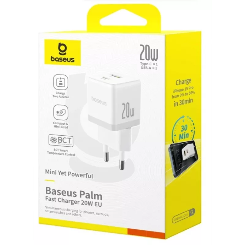 Baseus Palm 20W caricatore da parete USB-C + USB-A, bianco