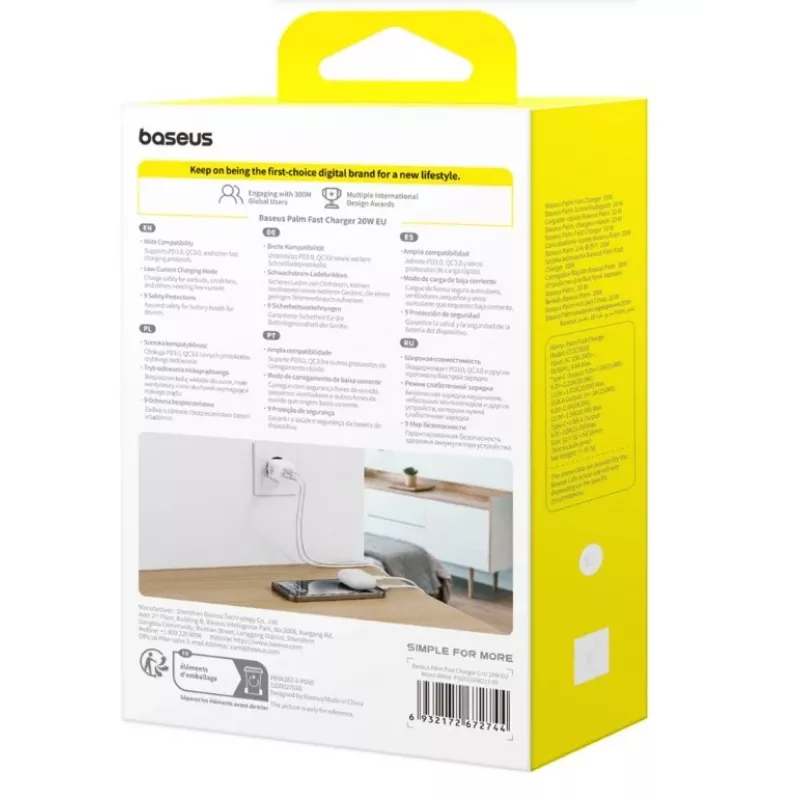 Baseus Palm 20W caricatore da parete USB-C + USB-A, bianco