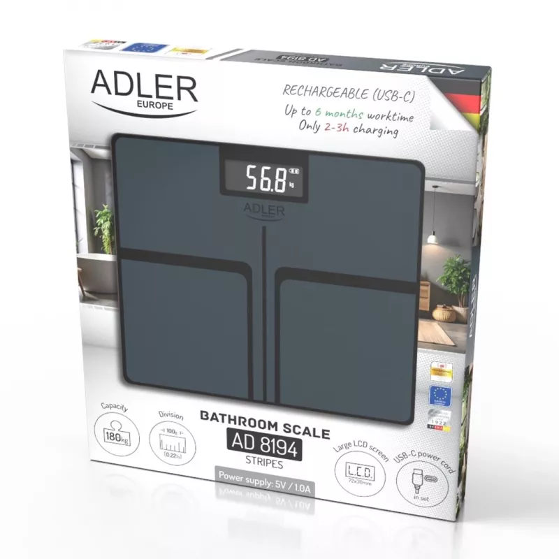 Adler AD 8194s Bilancia pesapersone digitale, bianca, motivo a righe, capacità 180 kg