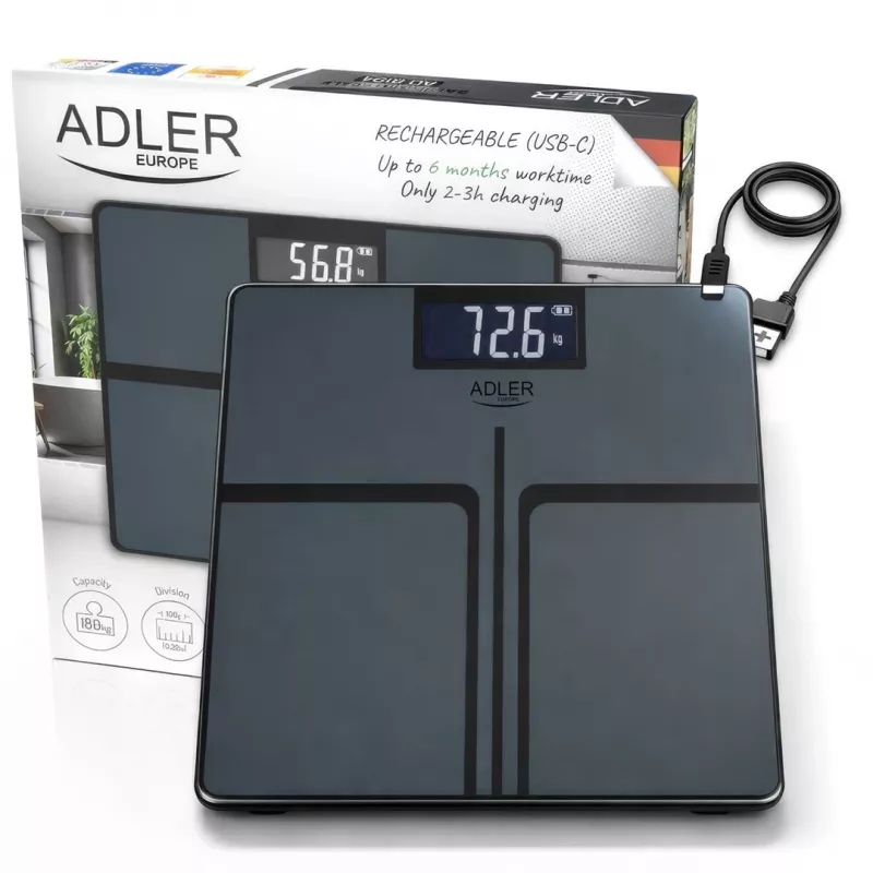 Adler AD 8194s Bilancia pesapersone digitale, bianca, motivo a righe, capacità 180 kg