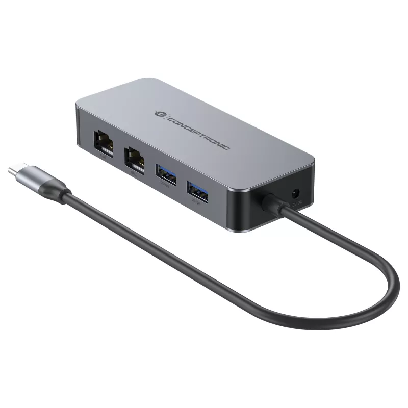 CONCEPTRONIC adattatore da USB-C a 2x Gigabit Ethernet + 2x USB-A 3.2 Gen 1, 0,3m, grigio
