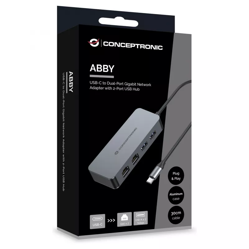 CONCEPTRONIC adattatore da USB-C a 2x Gigabit Ethernet + 2x USB-A 3.2 Gen 1, 0,3m, grigio
