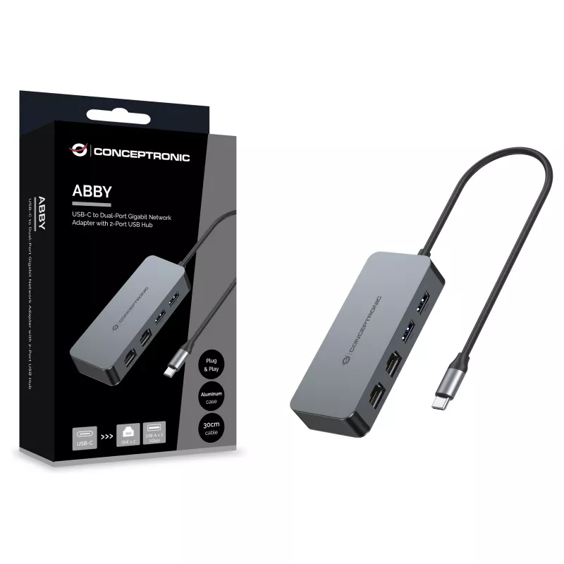 CONCEPTRONIC adattatore da USB-C a 2x Gigabit Ethernet + 2x USB-A 3.2 Gen 1, 0,3m, grigio