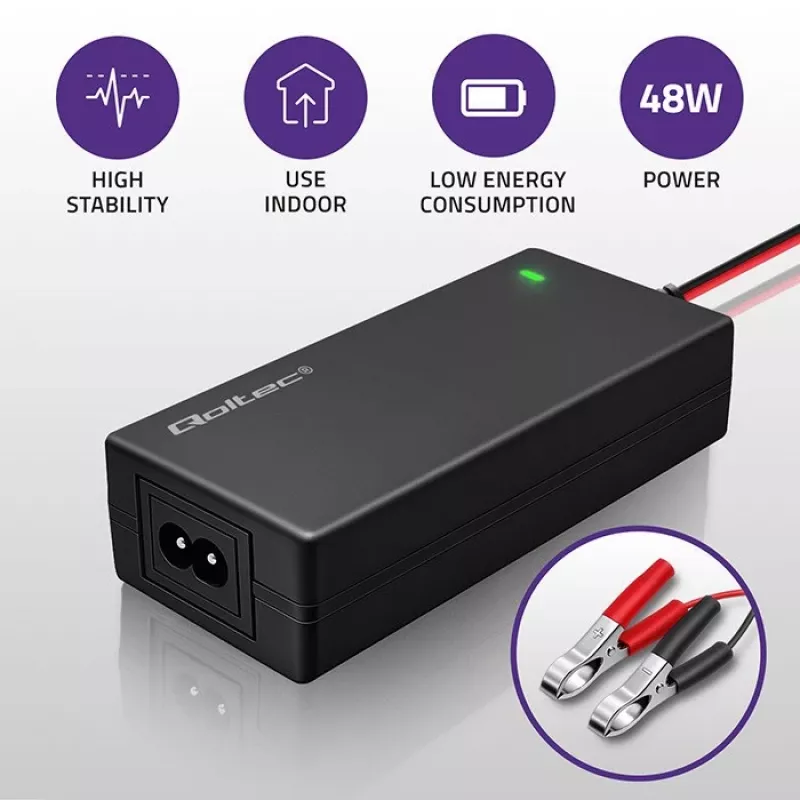 Qoltec 52665 caricabatterie automatico per batterie AGM GEL STD, 24V 2A 48W, indicatore LED, cavo 1,8m