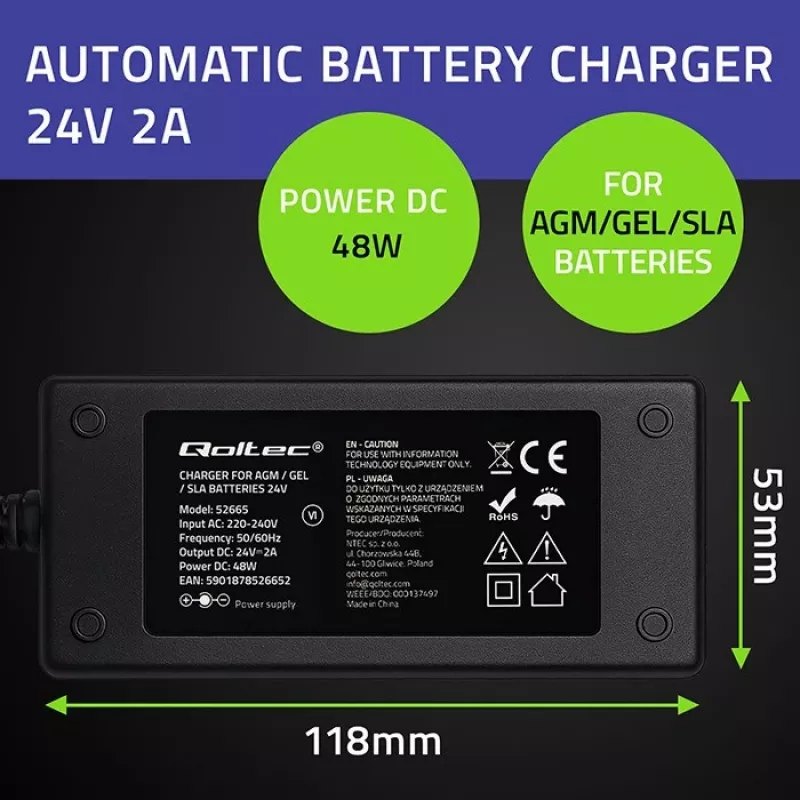 Qoltec 52665 caricabatterie automatico per batterie AGM GEL STD, 24V 2A 48W, indicatore LED, cavo 1,8m