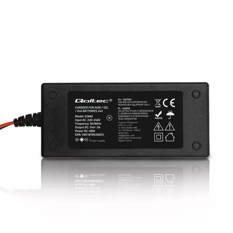 Qoltec 52665 caricabatterie automatico per batterie AGM GEL STD, 24V 2A 48W, indicatore LED, cavo 1,8m