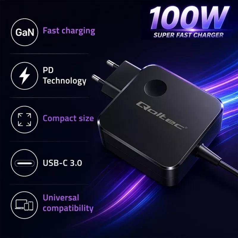 Qoltec Caricabatterie GaN USB-C PD 100W 5-20V 3-5A nero