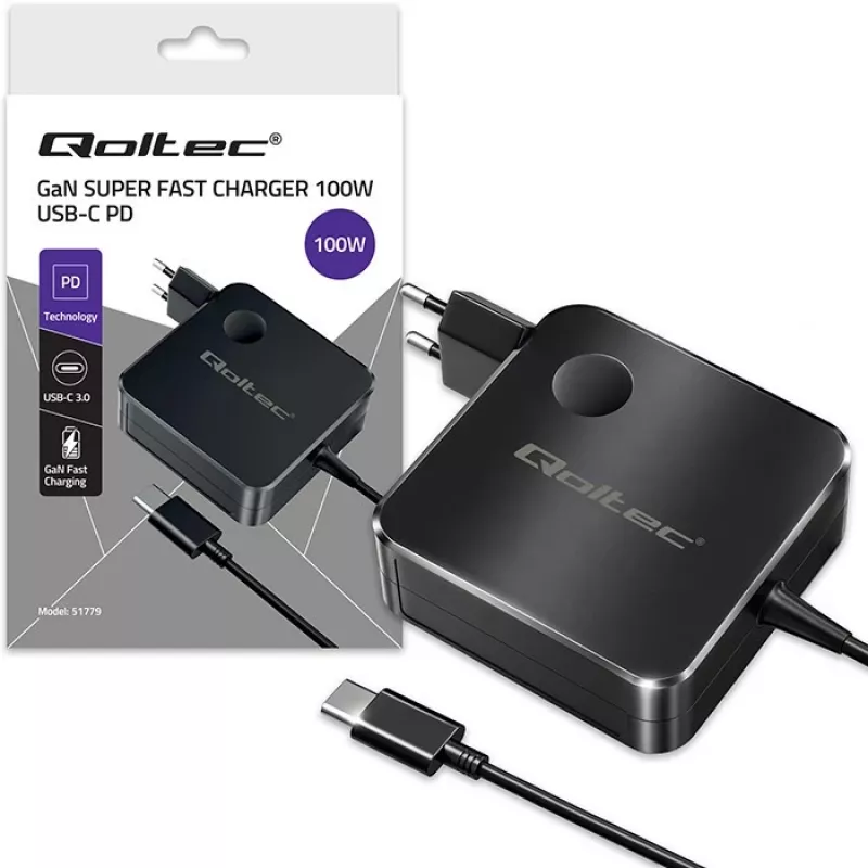 Qoltec Caricabatterie GaN USB-C PD 100W 5-20V 3-5A nero