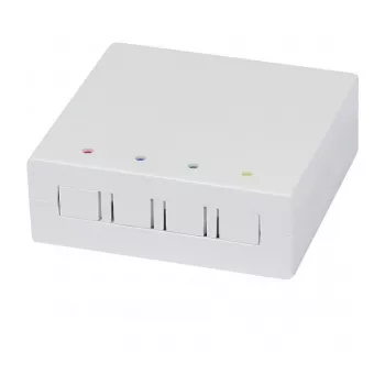 Synergy21 box murale FTTH per 4 accoppiatori SC simplex o LC duplex, 80x80mm con guida cavi, montaggio su guida DIN/a parete, termorestringente, bianco