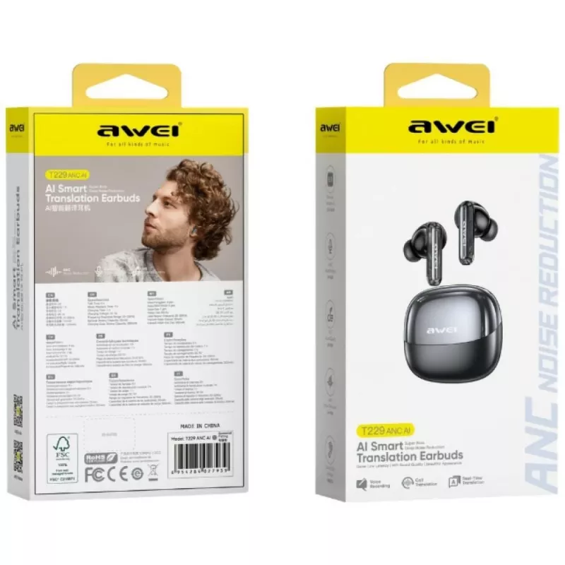 AWEI T229 ANC AI auricolari wireless con docking station, canna di fucile