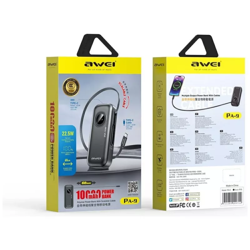 AWEI PowerBank PA-9 10000mAh 22,5W con cavo retrattile nero