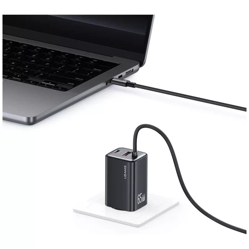 USAMS JC Series CC266 caricabatterie rapido GaN 65W 2xUSB-C 1xUSB-A con cavo USB-C integrato 1,5m bianco