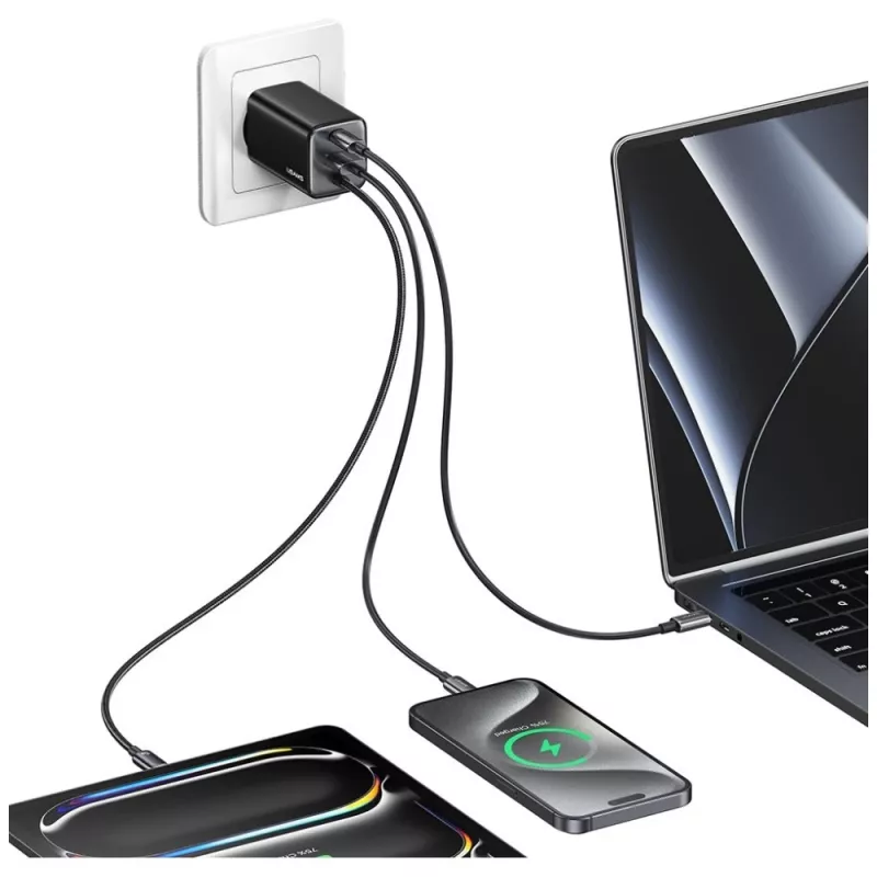 USAMS JC Series CC266 caricabatterie rapido GaN 65W 2xUSB-C 1xUSB-A con cavo USB-C integrato 1,5m bianco