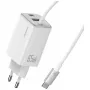 USAMS JC Series CC266 caricabatterie rapido GaN 65W 2xUSB-C 1xUSB-A con cavo USB-C integrato 1,5m bianco