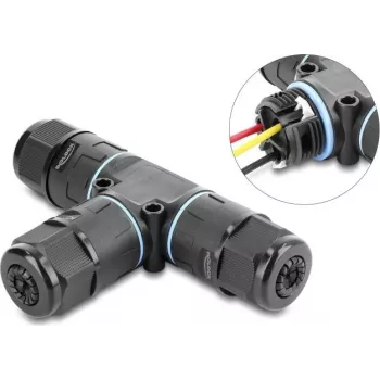 Delock connettore per cavi a T, morsettiera 3 poli, IP68 impermeabile, per diametro cavo 5-9 mm, incl. guarnizioni per 9-12 mm, senza attrezzi, nero (87244)