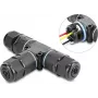 Delock connettore per cavi a T, morsettiera 3 poli, IP68 impermeabile, per diametro cavo 5-9 mm, incl. guarnizioni per 9-12 mm, senza attrezzi, nero (87244)