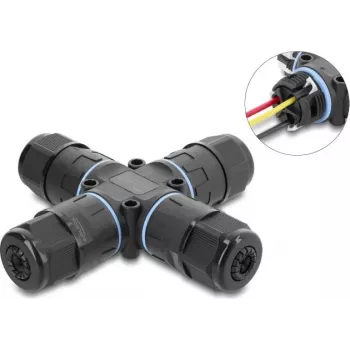 Delock connettore per cavi a X con morsetto a vite 3 poli, IP68 impermeabile per diametro cavo 5 - 9 mm, incl. guarnizioni per 9 - 12 mm, senza attrezzi nero (87247)