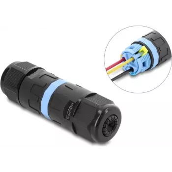 Delock connettore per cavi in linea 3 Pin, IP68 impermeabile, connessione a morsetto, senza attrezzi, per diametro cavo 5-9 mm, incl. guarnizioni per 9-12 mm, nero (87243)