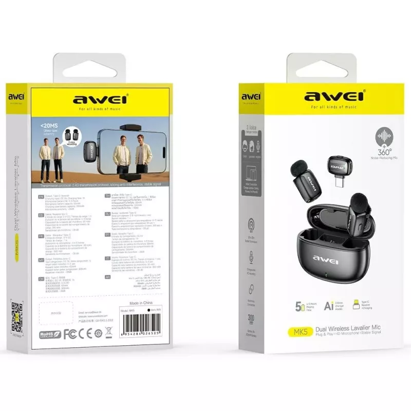 AWEI MK5 Duo Ai-Voice Black Microfono lavalier wireless