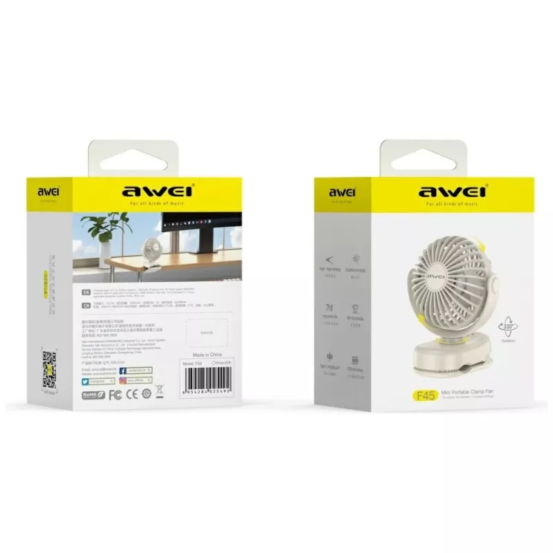AWEI F45 mini ventilatore da tavolo con clip, 1200mAh, bianco