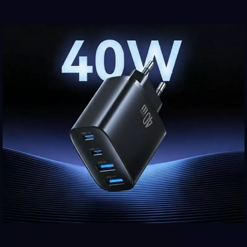 USAMS T70 40W 2xUSB-A 2xUSB-C Alimentatore nero