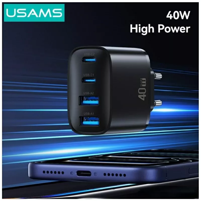 USAMS T70 40W 2xUSB-A 2xUSB-C Alimentatore nero