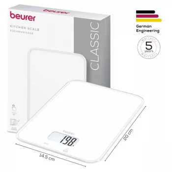 Beurer KS 19 Pure White bilancia da cucina digitale con tasti sensoriali touch, capacità 5 kg, divisione 1 g, funzione tara, display LCD