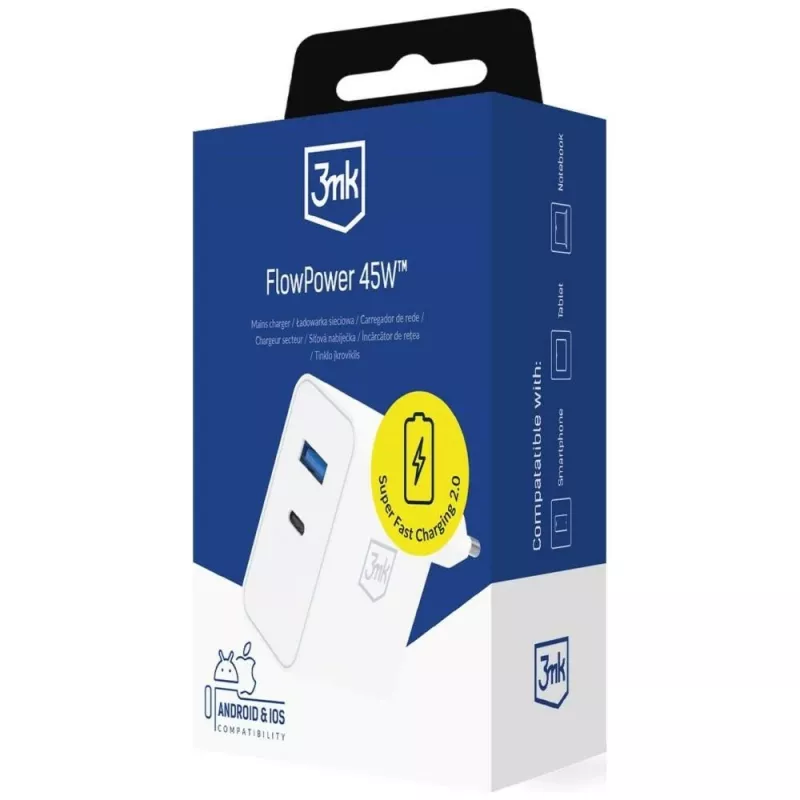 3MK FlowPower 45W PD 3.0 QC4+ caricabatterie GaN bianco
