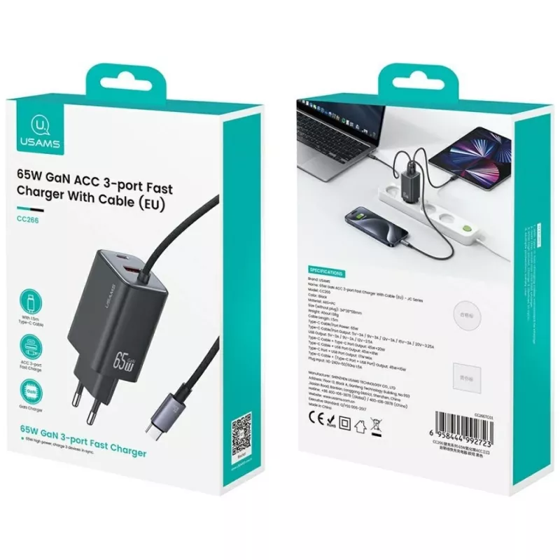 USAMS JC Series CC266 Caricatore rapido GaN 65W con cavo USB-C integrato, Nero