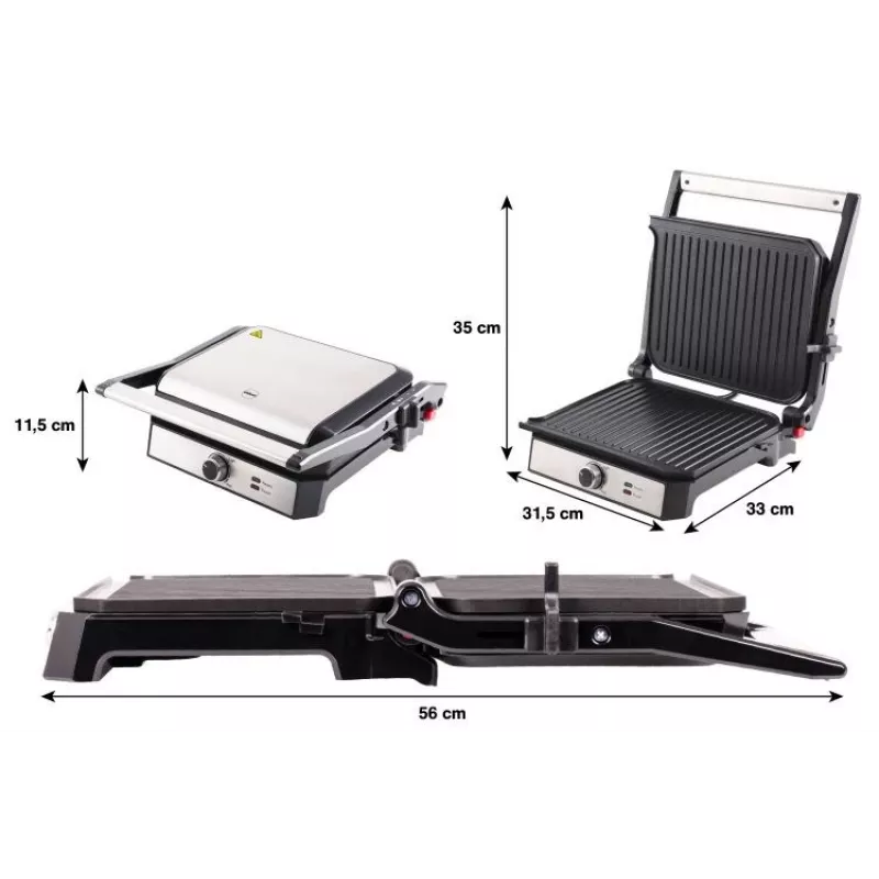 ELDOM GK200 GRILO Griglia di contatto 2000W con termostato regolabile, piastre antiaderenti, Nero/Argento
