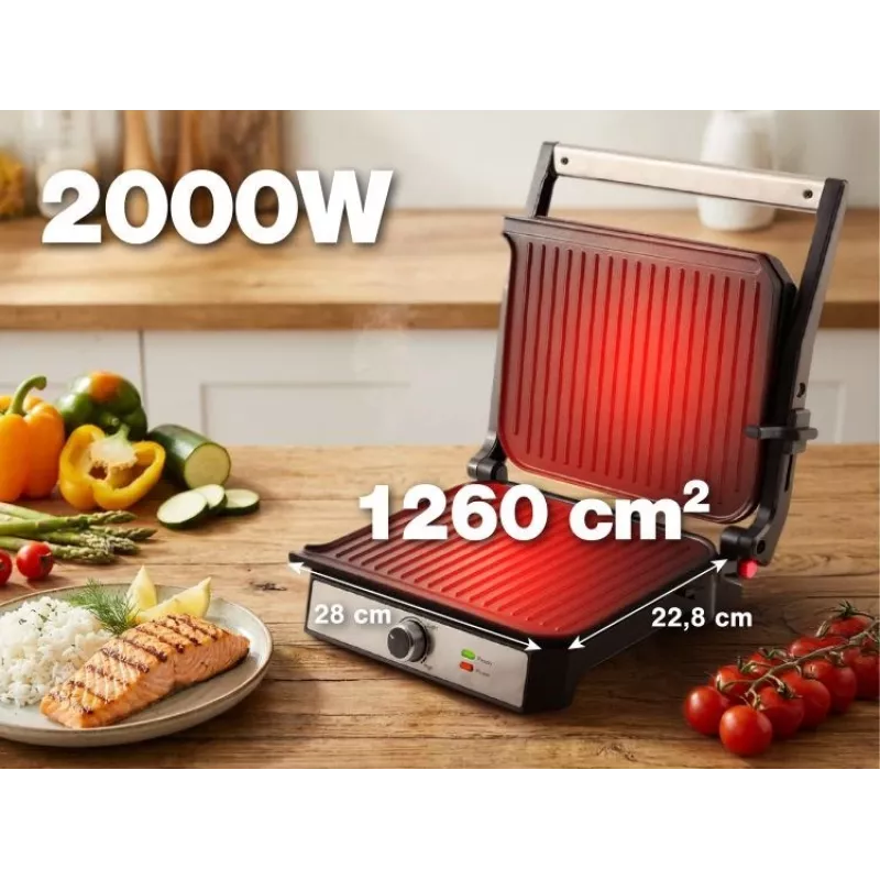 ELDOM GK200 GRILO Griglia di contatto 2000W con termostato regolabile, piastre antiaderenti, Nero/Argento