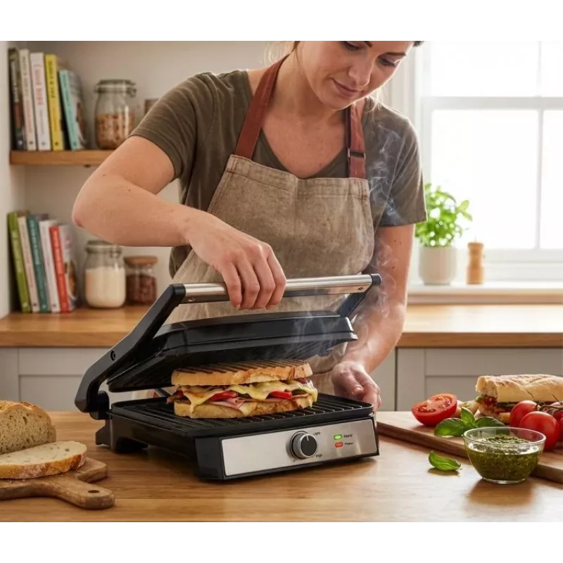 ELDOM GK200 GRILO Griglia di contatto 2000W con termostato regolabile, piastre antiaderenti, Nero/Argento