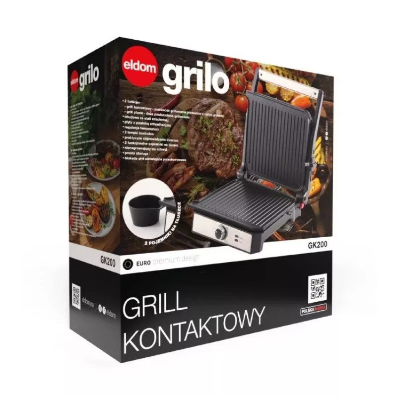 ELDOM GK200 GRILO Griglia di contatto 2000W con termostato regolabile, piastre antiaderenti, Nero/Argento