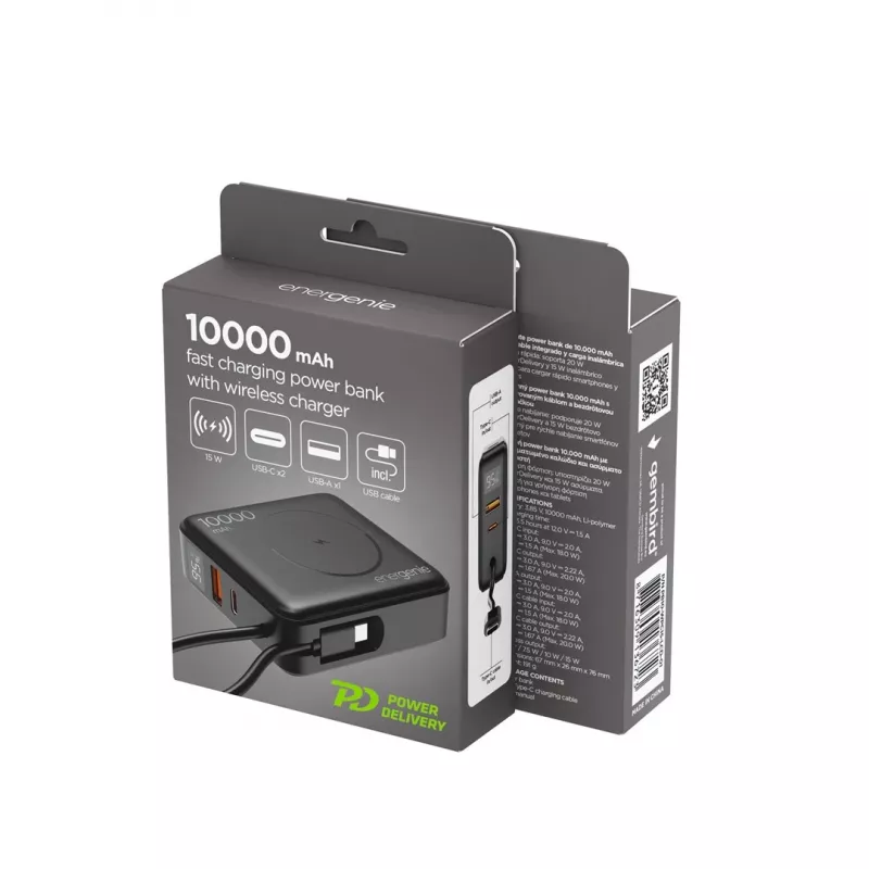 Gembird PB10-WPC15-LCD-01 Powerbank a ricarica rapida con caricabatterie wireless, 20 W, 10000 mAh, nero