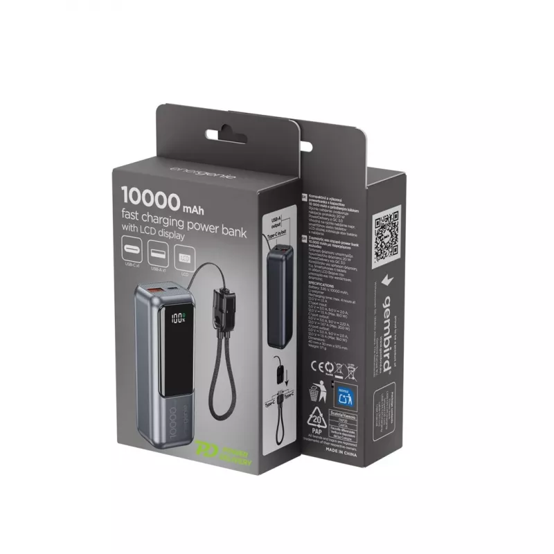 Gembird PB10-PD20-LCD-02 Powerbank compatta a ricarica rapida con display LCD, 20W, 10000 mAh, Space Grey