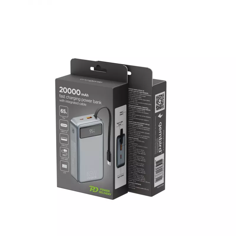 Gembird PB20-PD65-LCD-01 Powerbank a ricarica rapida con cavi integrati, 65W, 20000 mAh, nero