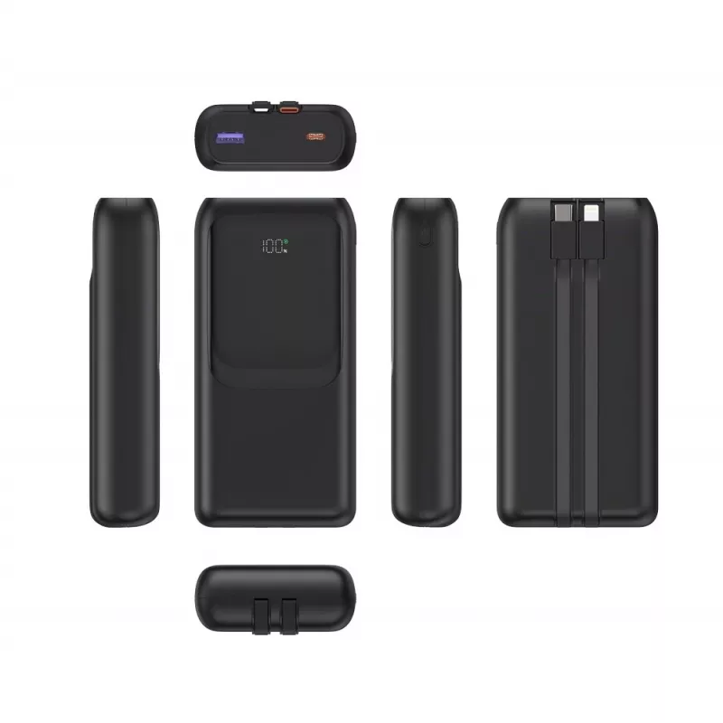 Gembird PB20-PD20-LCD-01 powerbank a ricarica rapida con cavi integrati, 20 W, 20000 mAh, nero