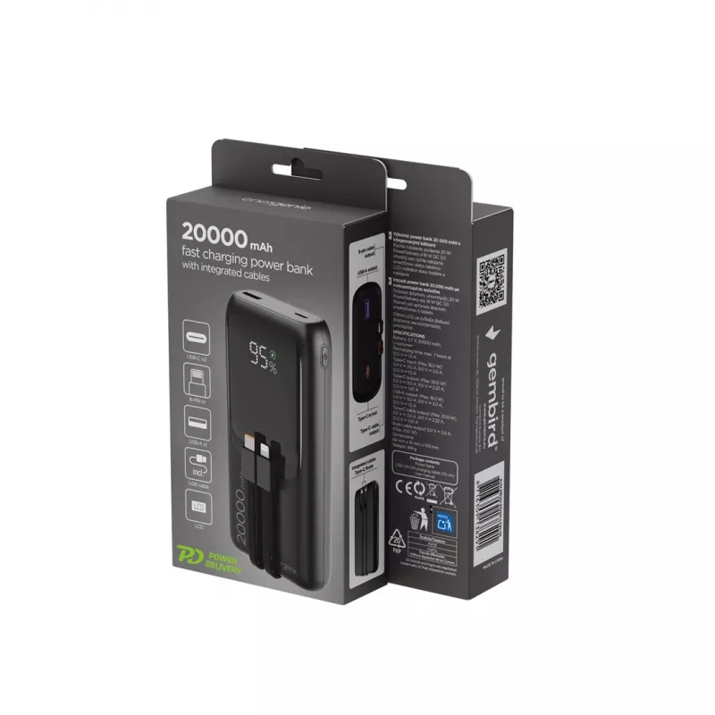 Gembird PB20-PD20-LCD-01 powerbank a ricarica rapida con cavi integrati, 20 W, 20000 mAh, nero