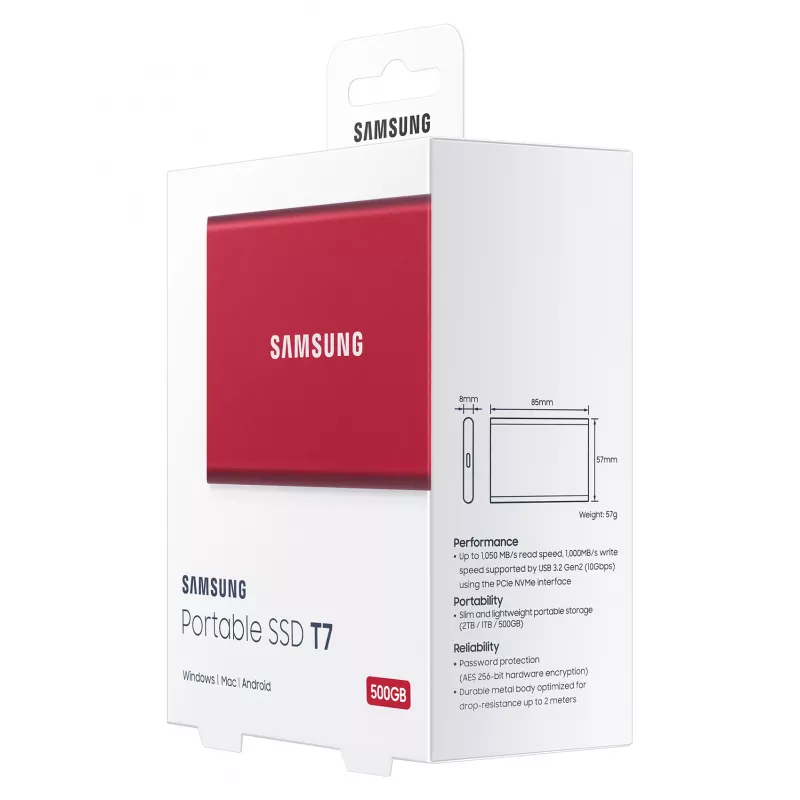 Samsung SSD portatile T7 500GB USB 3.2 Gen 2 Metallic Red unità a stato solido esterna