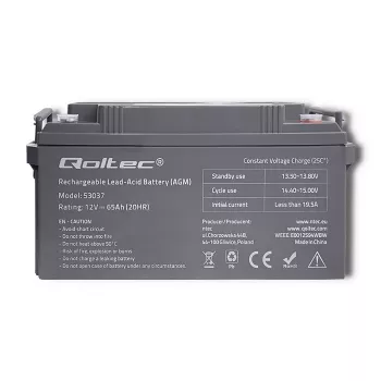 Qoltec 53037 Batteria AGM 12V 65Ah max 780A