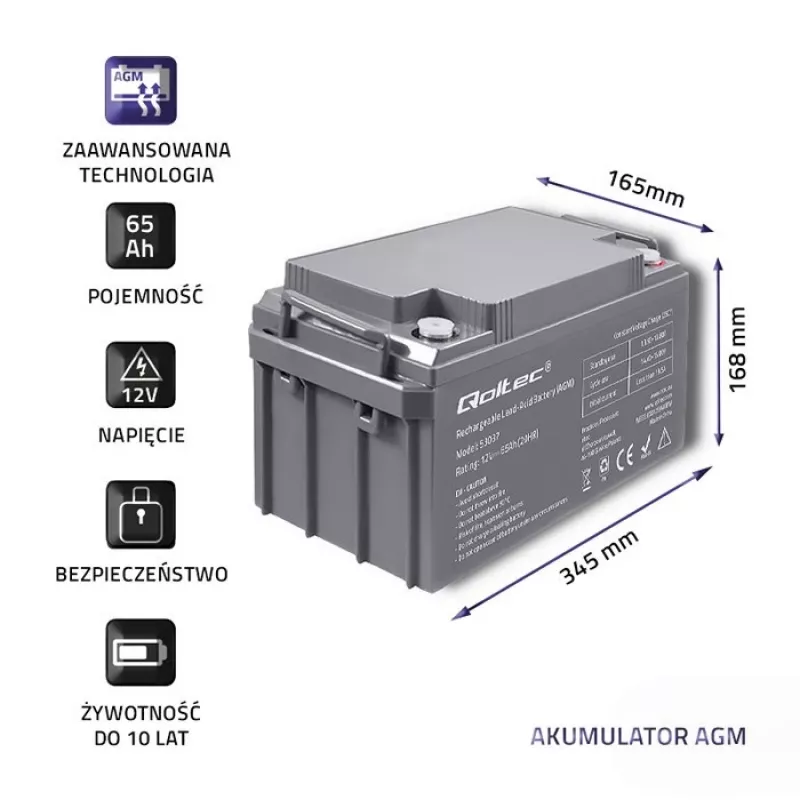 Qoltec 53037 Batteria AGM 12V 65Ah max 780A