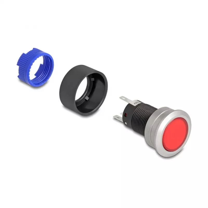 Delock pulsante da incasso 22 mm, piatto, LED rosso, connessioni a saldare, 1 NO, 230 V AC/DC