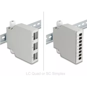 Delock pannello patch fibra ottica 6 porte per SC duplex e LC quad con pannello alternativo 8 x SC simplex o LC duplex grigio montaggio su guida DIN (86095)