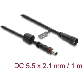Delock cavo prolunga DC 5,5 x 2,1 mm maschio-femmina con ghiera a vite filettatura M12 x 1,75 mm impermeabile 18 AWG, 1 m nero