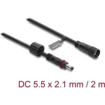 Delock cavo di prolunga DC 5,5 x 2,1 mm connettore maschio su connettore femmina con blocco a vite filettatura M12 x 1,75 mm impermeabile 18 AWG, 2 m nero (67384)
