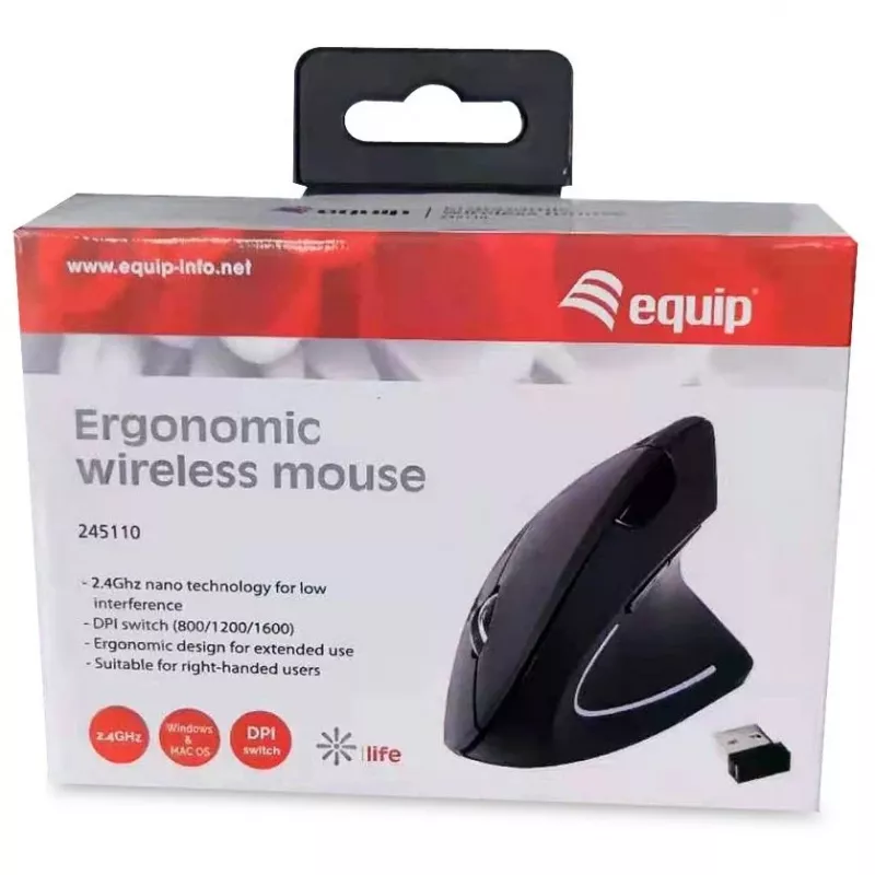 Equip 245110 mouse wireless ergonomico verticale - per destrimani - 2,4 GHz - ricevitore USB - nero